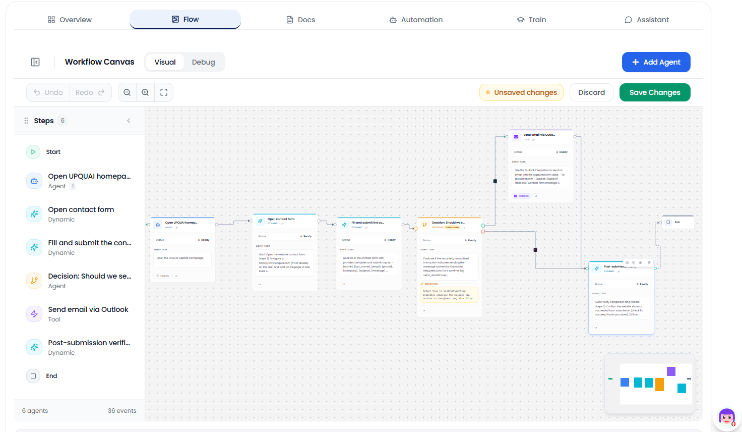 Workflow canvas with browser-based agent steps