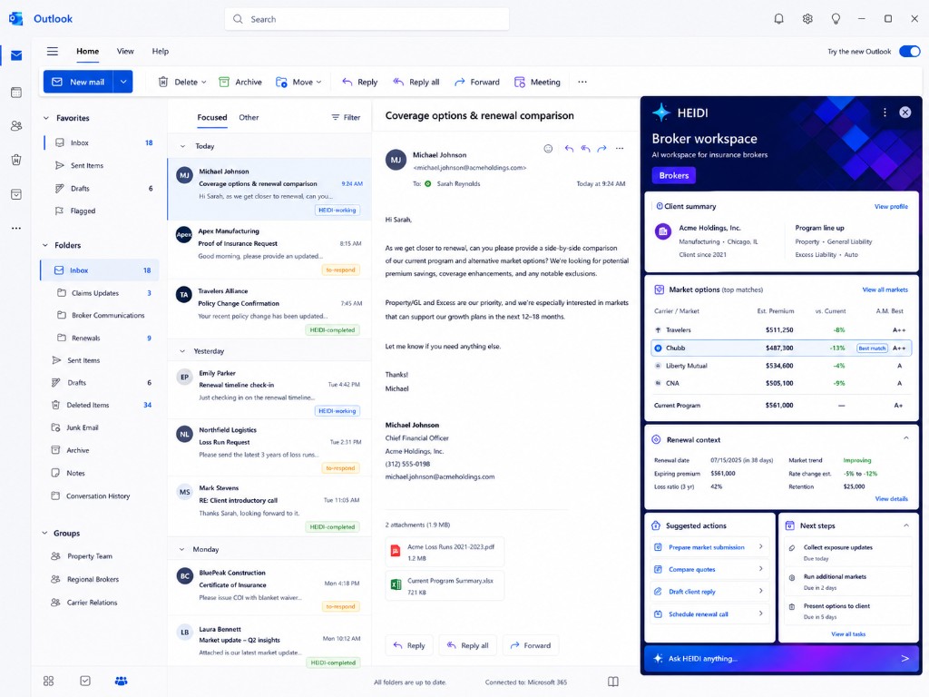 HEIDI Broker-Workspace in Outlook vergleicht Marktoptionen, Renewal-Kontext und Kundenentwürfe