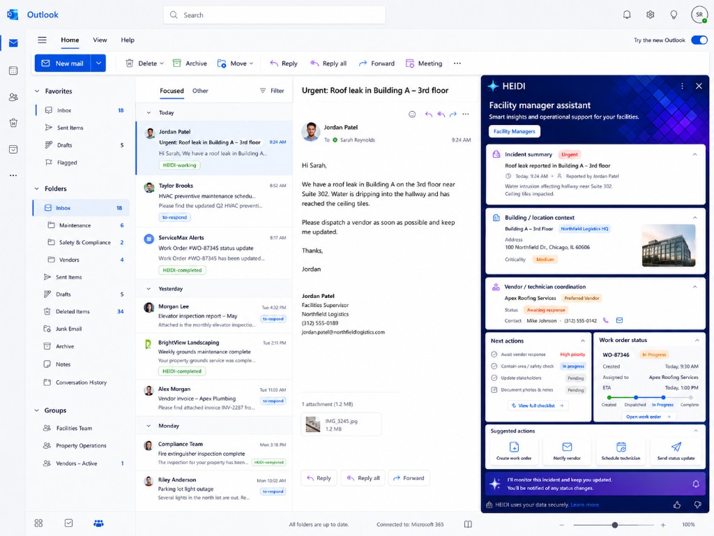 HEIDI Facility-Manager-Assistent in Outlook mit Zusammenfassung eines dringenden Dachlecks, Dienstleister-Koordination und Arbeitsauftrags-Status