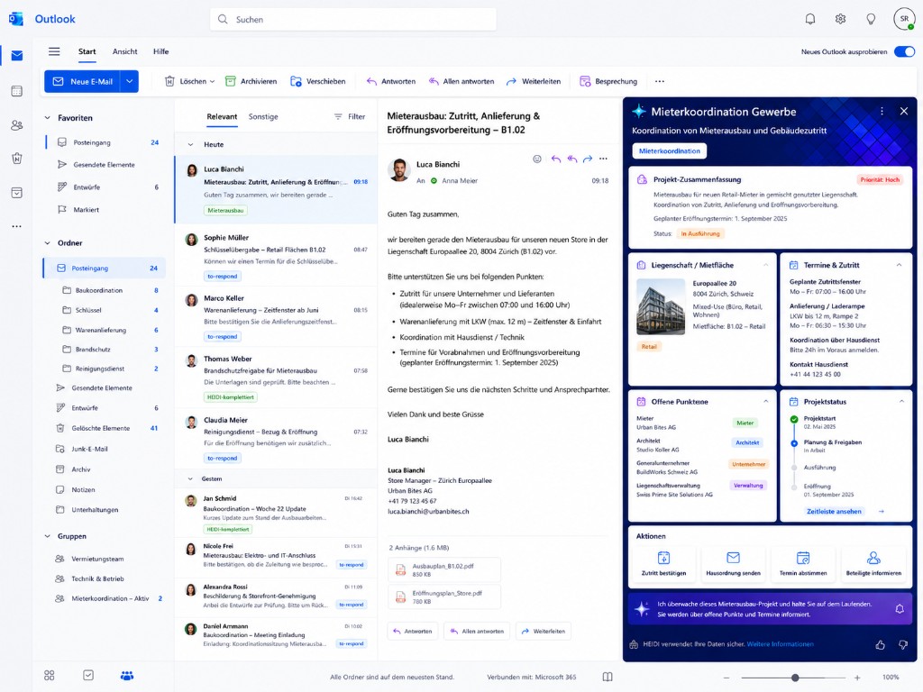 HEIDI Gewerbe-Mieterkoordination in Outlook für einen Mieterausbau mit Zutrittsfenstern, Beteiligten und Projektzeitplan