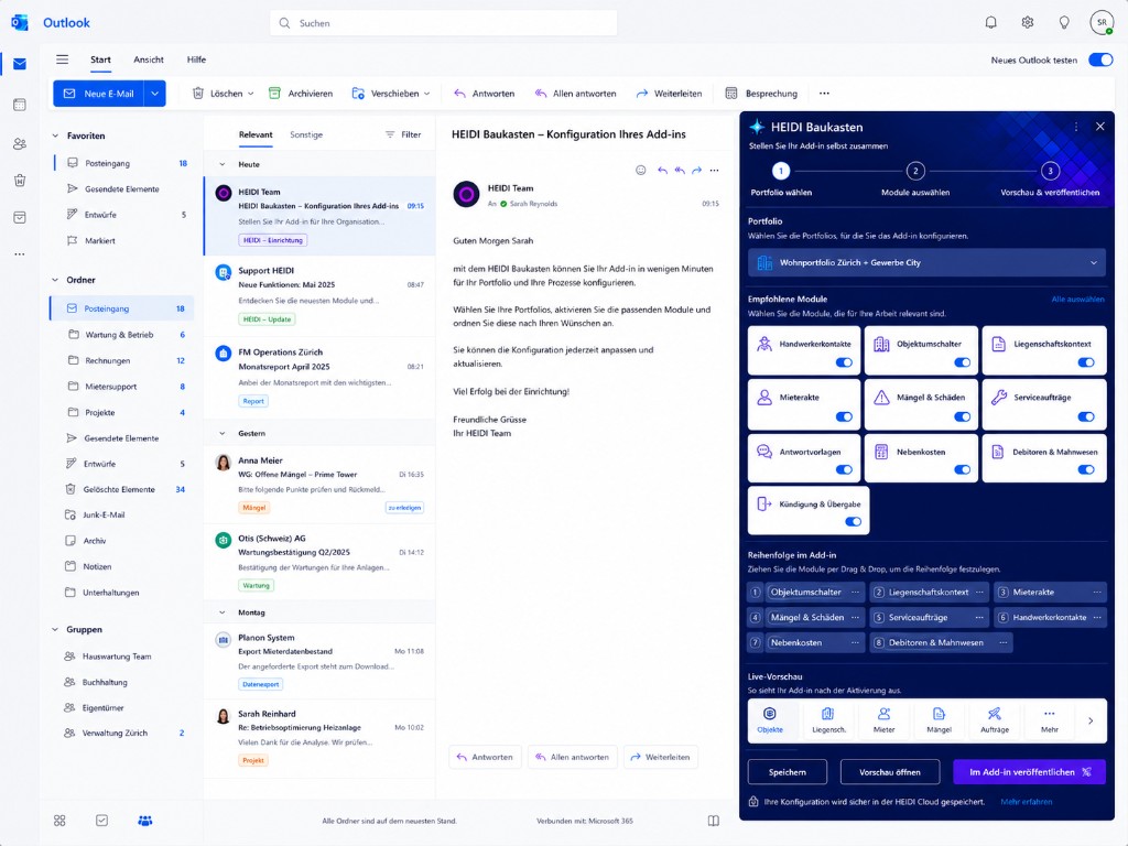 HEIDI Baukasten in Outlook zur Auswahl von Immobilien-Modulen, Reihenfolge der Sidebar-Funktionen und Veröffentlichung im Add-in