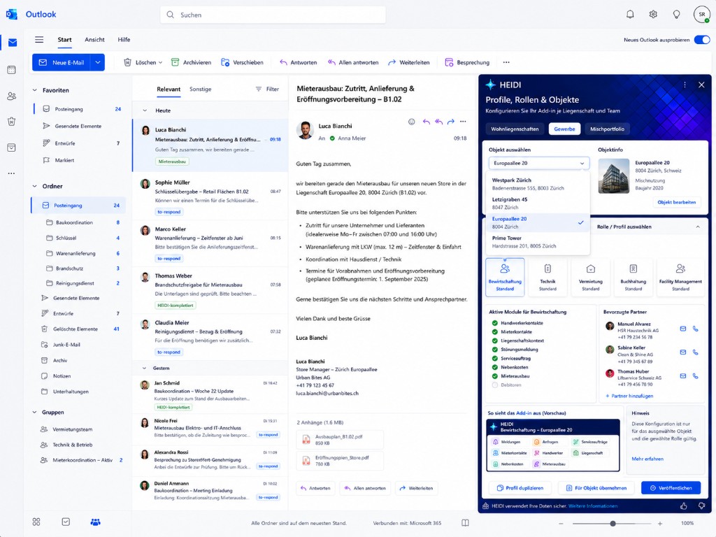 HEIDI Rollen- und Objektkonfiguration in Outlook mit aktiven Modulen, bevorzugten Partnern und Vorschau für Facility-Teams