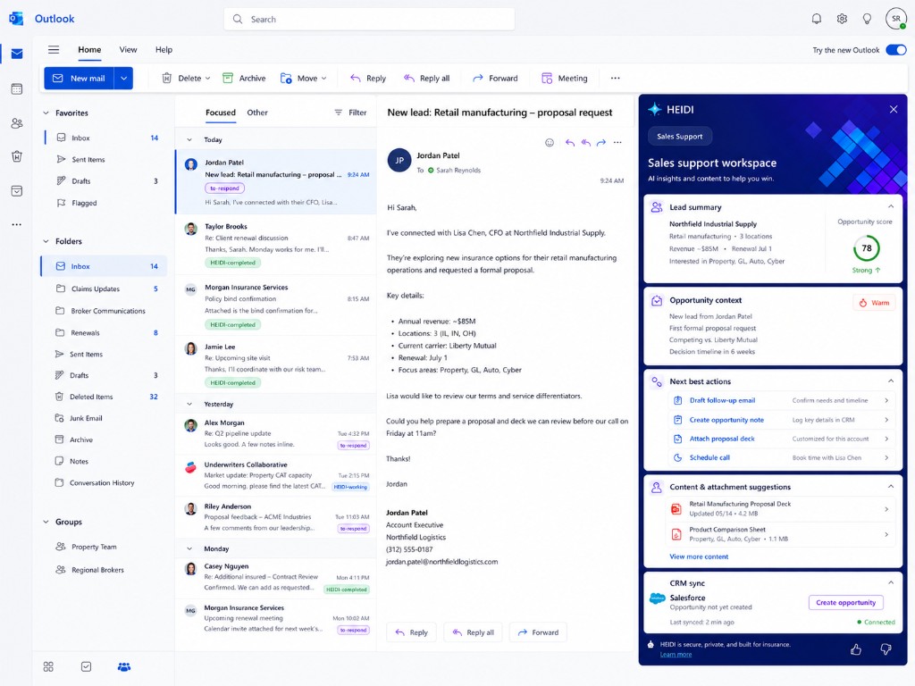 HEIDI Sales-Support-Workspace in Outlook bewertet einen Industrie-Lead, CRM-Sync und nächste Sales-Aktionen