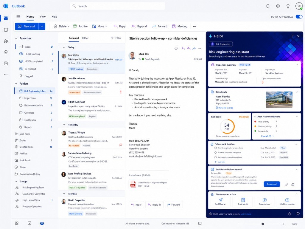 HEIDI Risikoingenieur-Assistent in Outlook fasst ein Inspektions-Follow-up mit offenen Empfehlungen, Risiko-Score und Versicherten-Entwurf zusammen