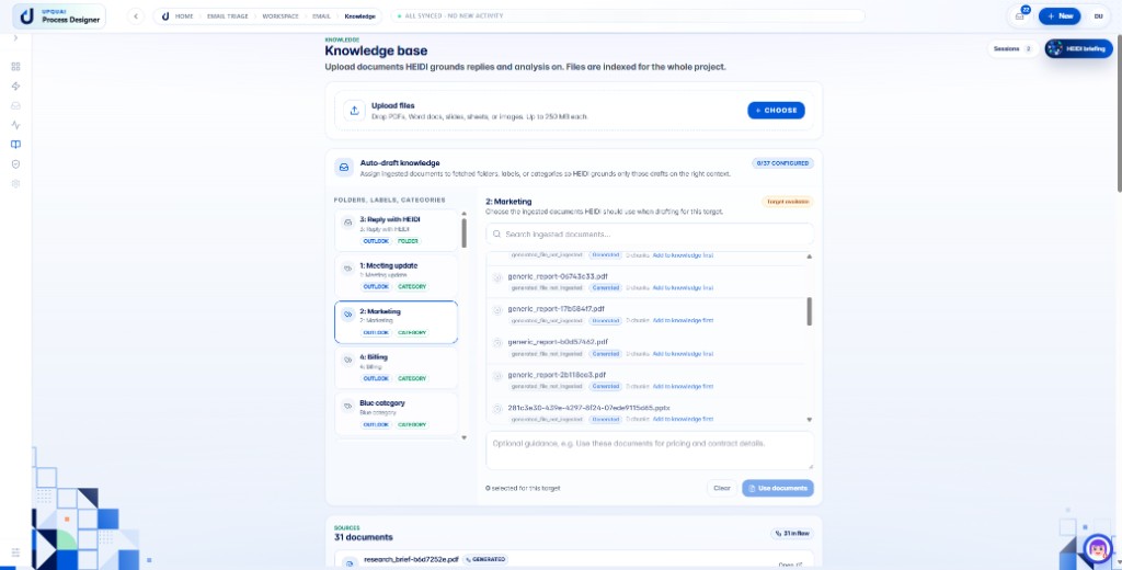 HEIDI Workspace knowledge base mapping ingested documents to email triage targets